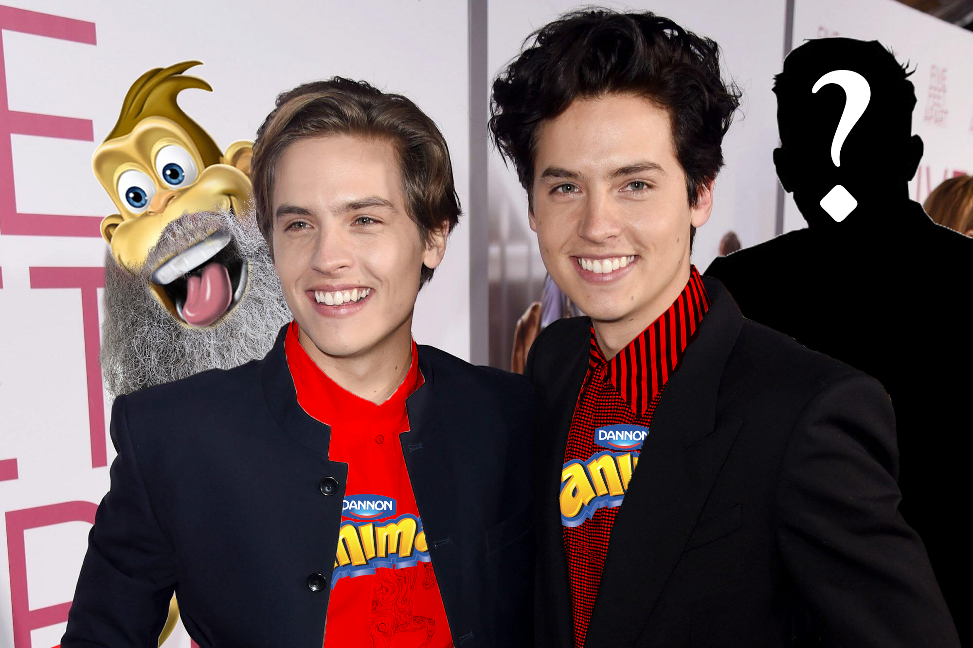 An image of Dylan and Cole Sprouse featuring the Danimals Monkey, who has apperantly aged from the look of his long flowing beard, and a humanoid silloutete with a white question mark within