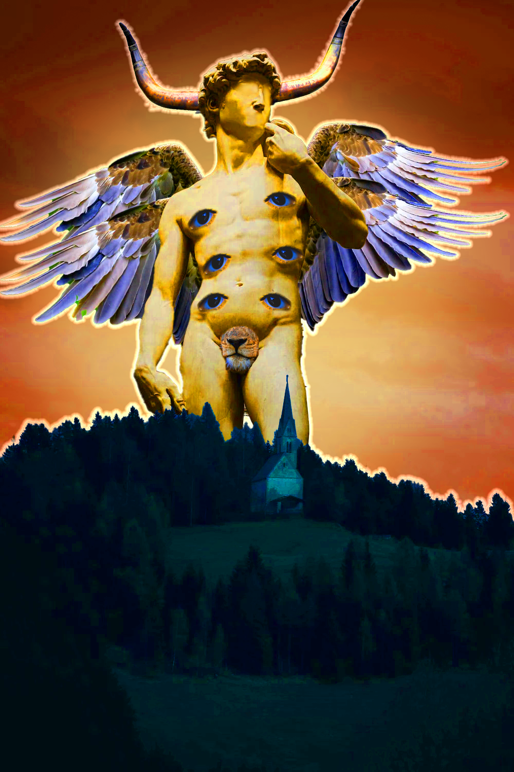 an amalgamation of royalty free stock photos forming an interpretation of a cherbim angel possessing a head with only a nose, a lion's snout on it's crotch, eagles wings, the horns of a cow, and a set of six eyes on it's torso.