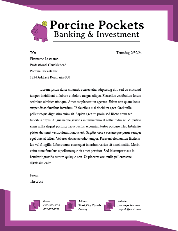 a sheet of paper bordered by a partial two line frame in the top right and bottom left corners with a header consisting of two lines of text reading 'Porcine Pockets' and 'banking and investment' flanked by an image a cartoon piggy bank with a coin sticking out of its back