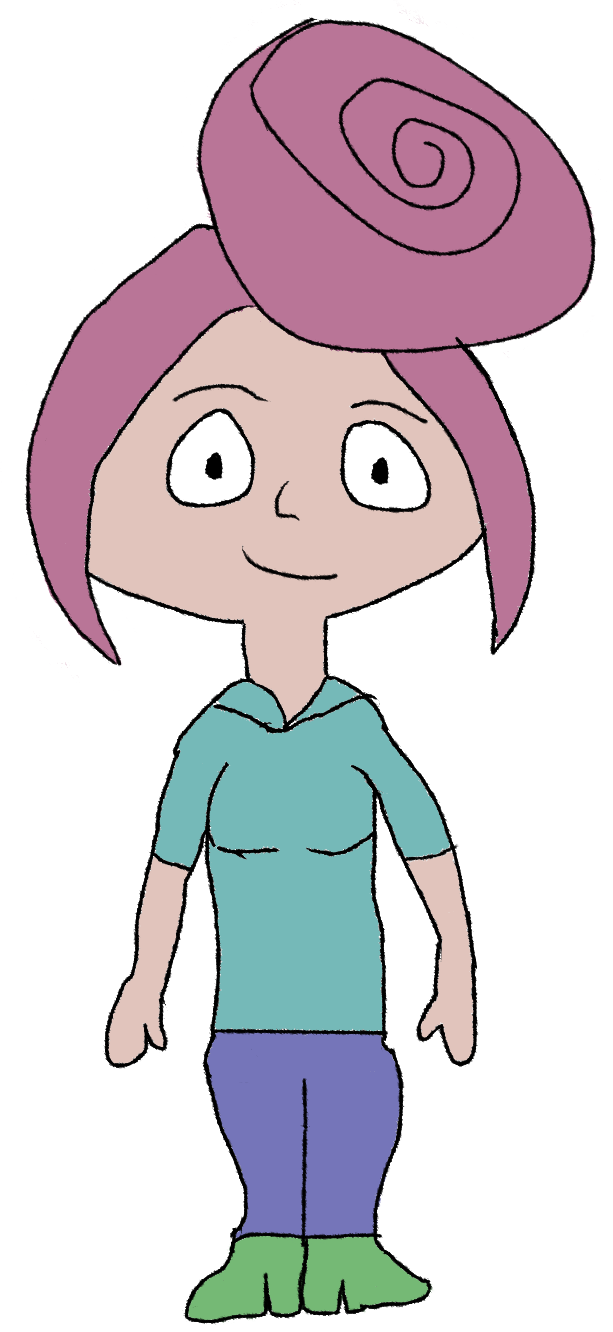 a cartoonish depiction of a middle aged woman with bangs and a massive swirling bun wearing a green collared shirt, blue pants, and green boots