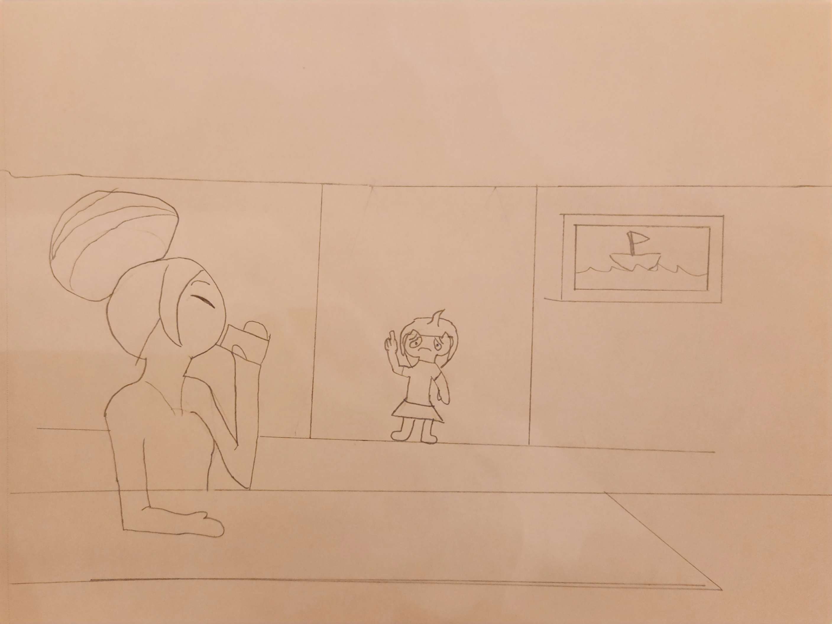 a pencil sketch of Alanis Blasta sitting at the kitchen counter drinking an unidentified beverage as her daughter Gina tries to get her attention from the doorway. A picture of a boat hangs on the wall to the right.