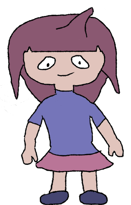 a young girl with an odd cowlick rising from her roughly back length hair wearing a purple shirt, a green skirt, and dark blueish-purple shoes