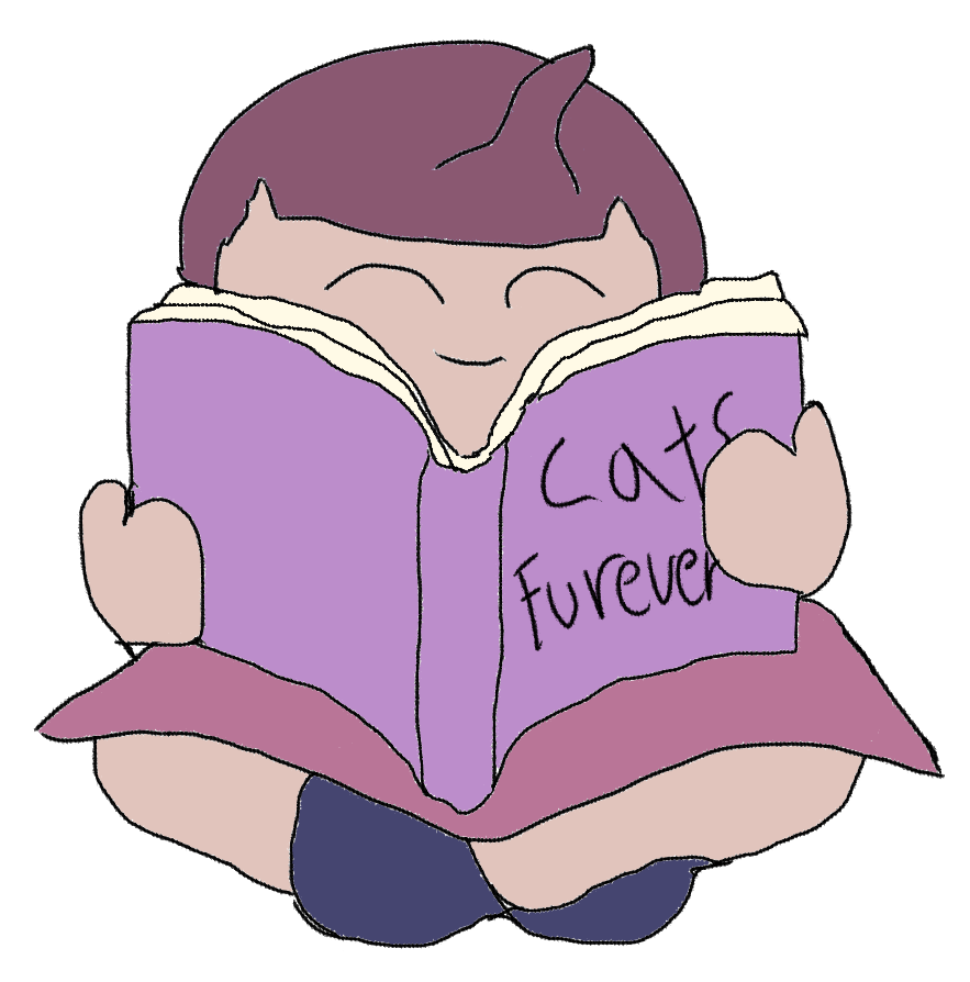 Gina Blasta reading a purple book titled 'Cats Furever'