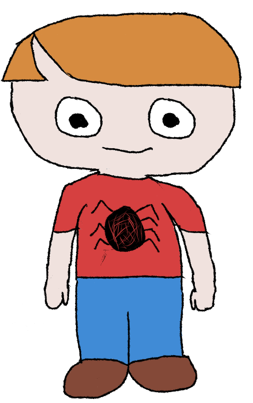 a young boy with a bowl haircut that's parted on the right side of his head wearing a red t-shirt featuring a graphic of a spider whose 4 leg on the right side has been worn away from age and activity, blue pants, and brown shoes