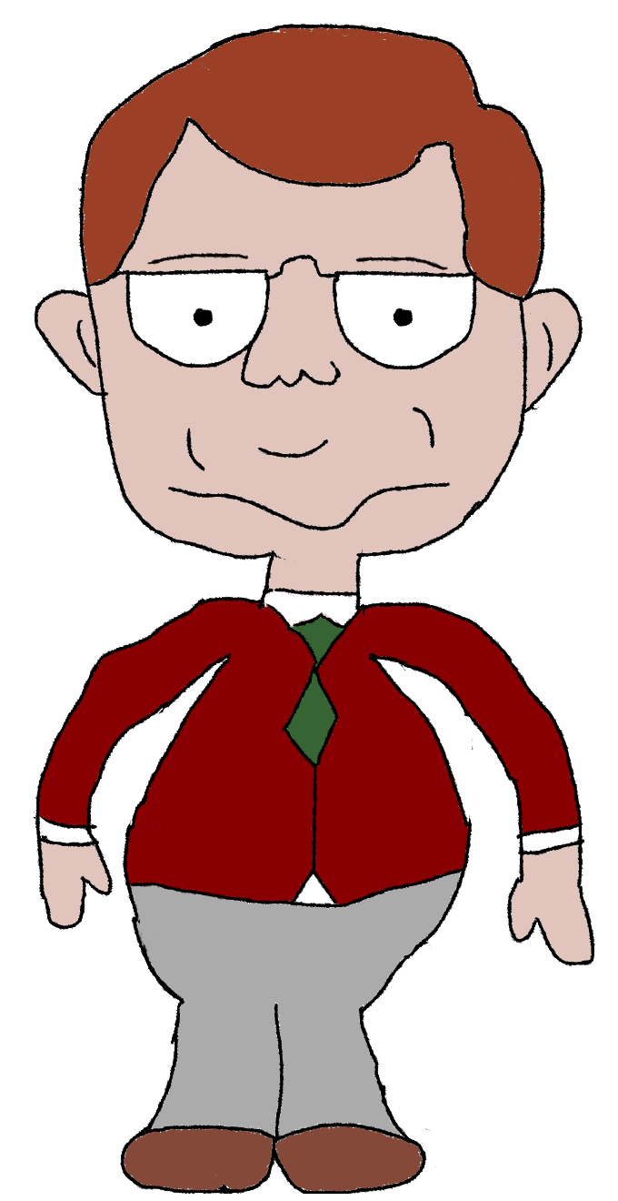 a cartoonish depiction of a heavyset middle aged man with a large head wearing glasses, a red button up shirt with a white undershirt that's parted towards the bottom due to his stomachs roundness, a green tie, grey pants, and brown shoes