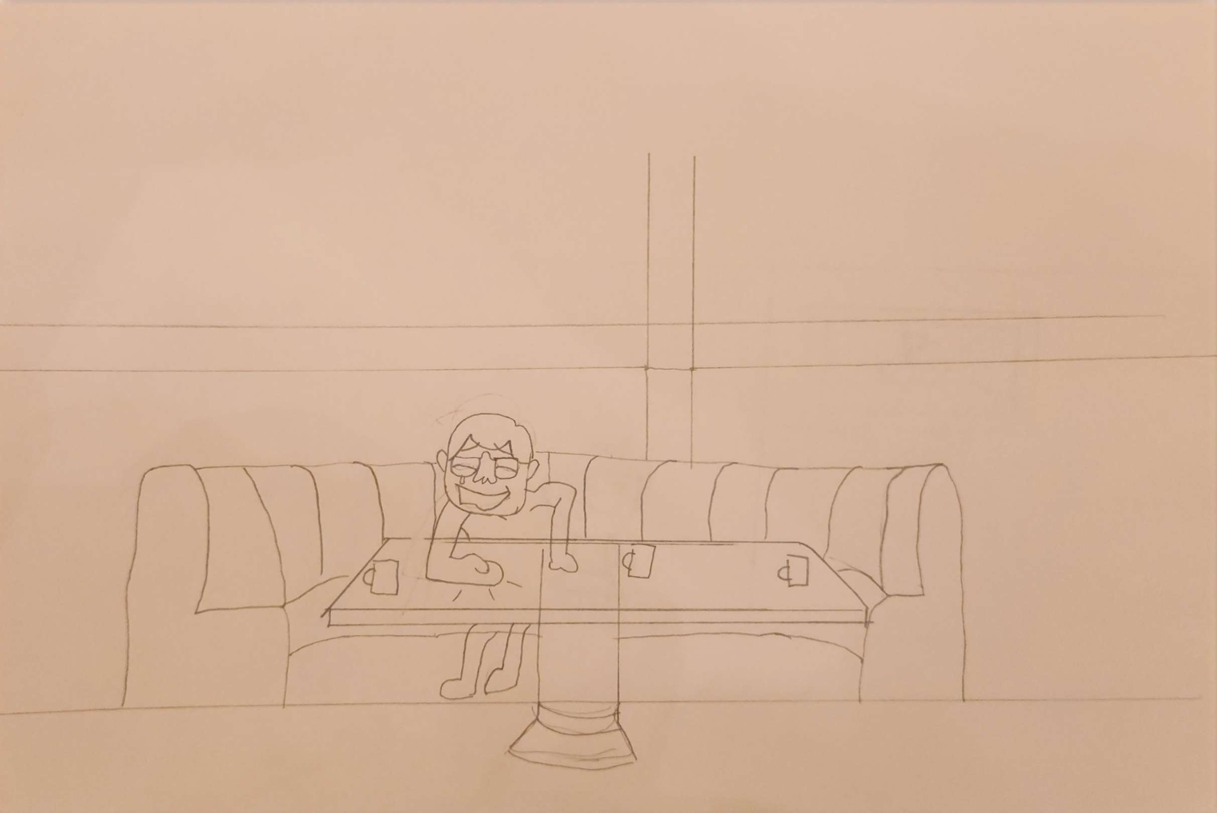 a pencil sketch of Jason Blasta sitting by himself at a booth seat at the local bar, laughing rancourously while smacking the table in joy